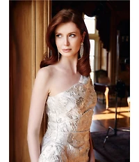 Xscape One Shoulder Cascading Side Ruffle Jacquard Sheath Gown