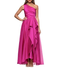 Xscape One Shoulder Cascading Side Ruffle Organza A-Line Dress