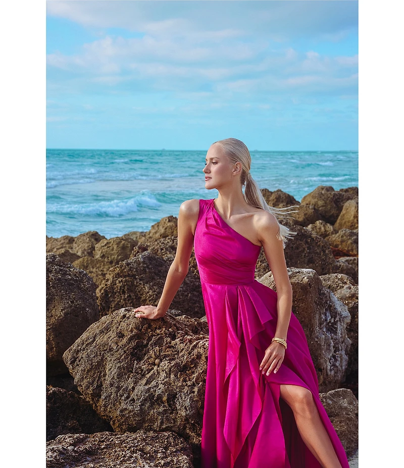 Xscape One Shoulder Cascading Side Ruffle Organza A-Line Dress