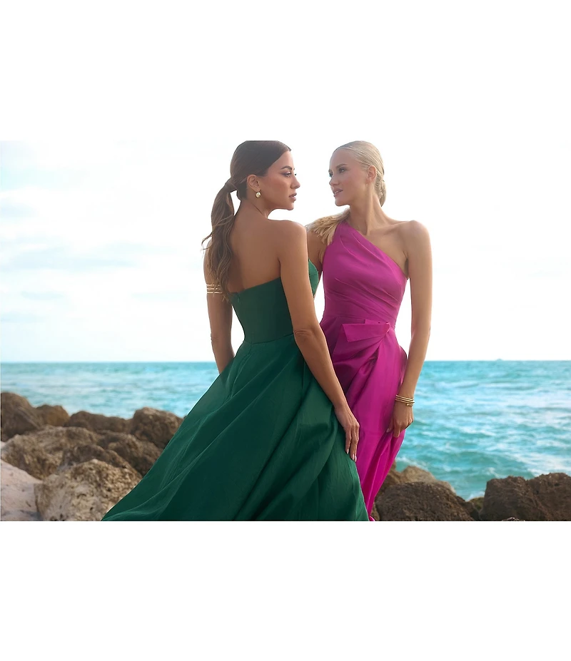 Xscape One Shoulder Cascading Side Ruffle Organza A-Line Dress
