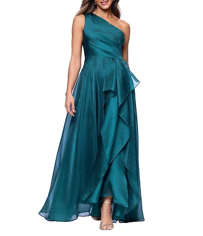 Xscape One Shoulder Cascading Side Ruffle Organza A-Line Dress