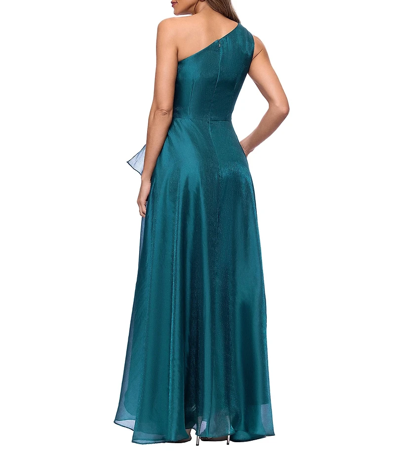 Xscape One Shoulder Cascading Side Ruffle Organza A-Line Dress