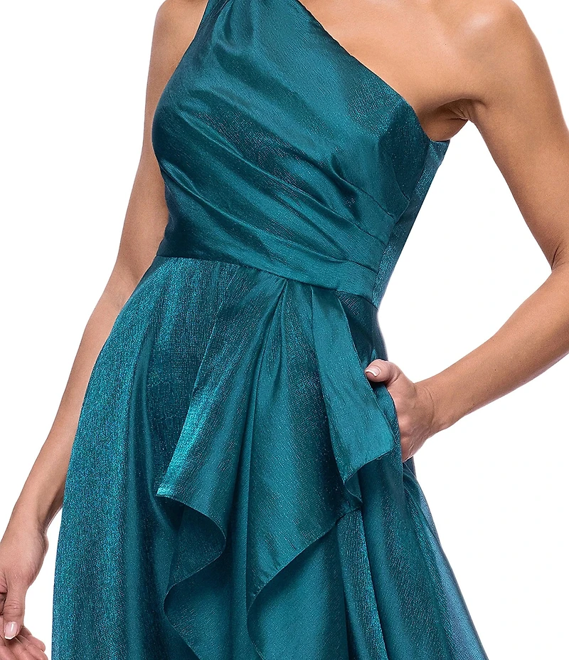 Xscape One Shoulder Cascading Side Ruffle Organza A-Line Dress