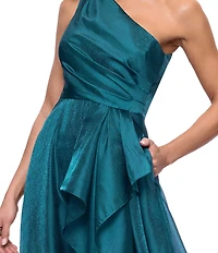 Xscape One Shoulder Cascading Side Ruffle Organza A-Line Dress