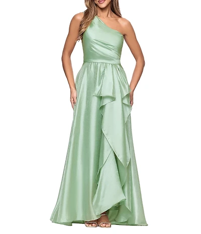 Xscape One Shoulder Cascading Side Ruffle Organza A-Line Maxi Dress