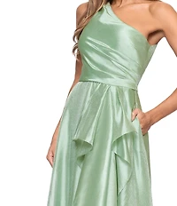 Xscape One Shoulder Cascading Side Ruffle Organza A-Line Maxi Dress
