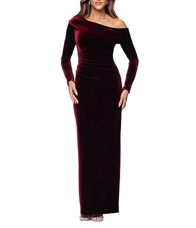 Xscape One Shoulder Long Sleeve Velvet Ruched Gown