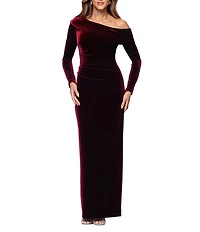 Xscape One Shoulder Long Sleeve Velvet Ruched Gown