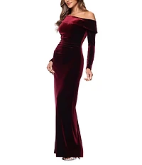 Xscape One Shoulder Long Sleeve Velvet Ruched Gown