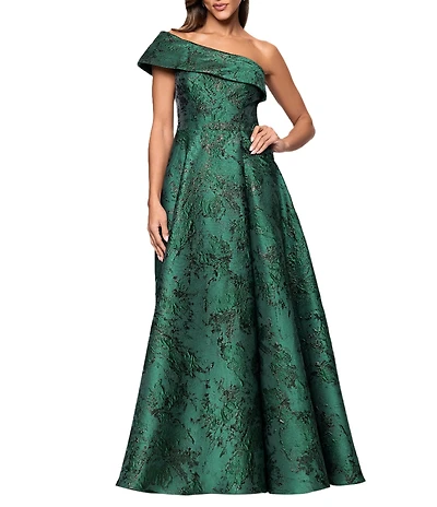 Xscape One Shoulder Metallic Jacquard Gown