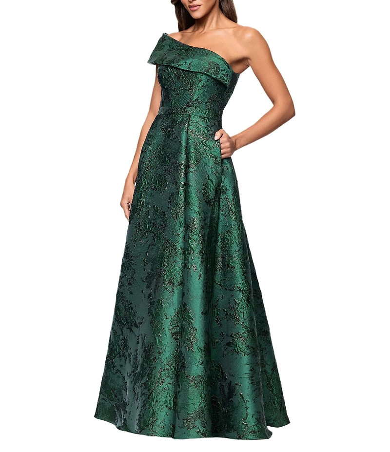 Xscape One Shoulder Metallic Jacquard Gown