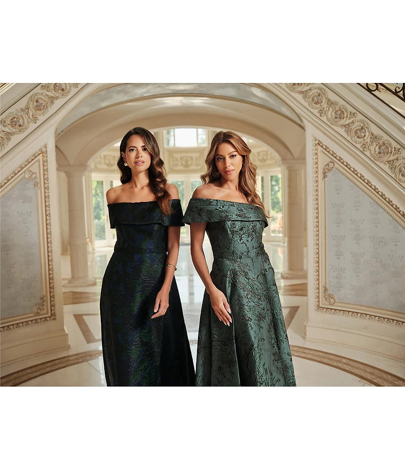 Xscape One Shoulder Metallic Jacquard Gown
