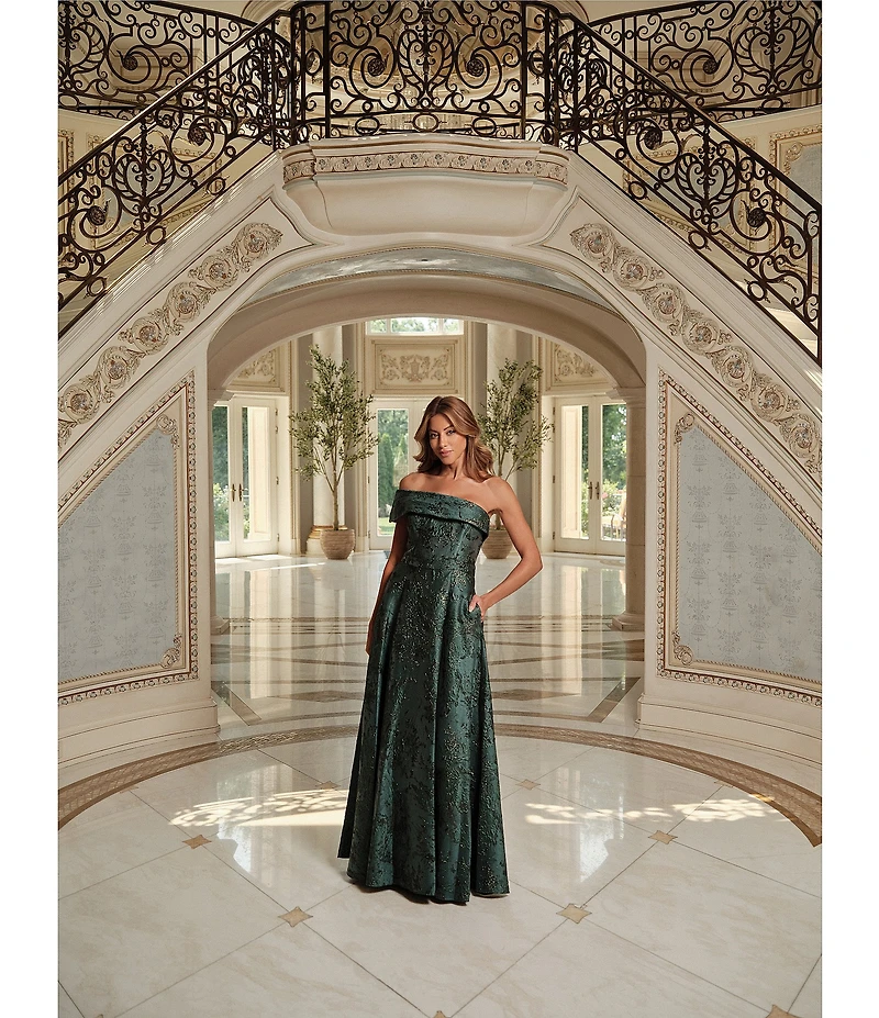 Xscape One Shoulder Metallic Jacquard Gown