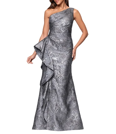 Xscape One Shoulder Metallic Jacquard Gown With Ruffle