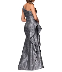 Xscape One Shoulder Metallic Jacquard Gown With Ruffle