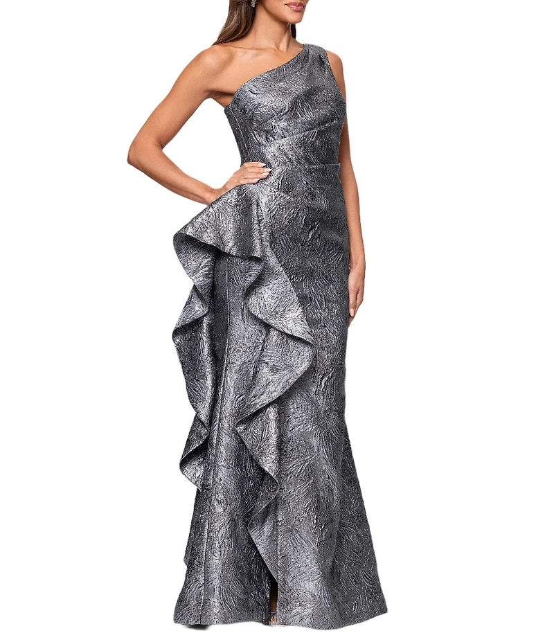 Xscape One Shoulder Metallic Jacquard Gown With Ruffle