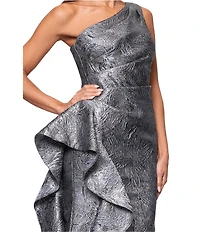 Xscape One Shoulder Metallic Jacquard Gown With Ruffle