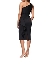 Xscape One Shoulder Ruched Ruffle Midi Dress
