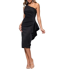 Xscape One Shoulder Ruched Ruffle Midi Dress
