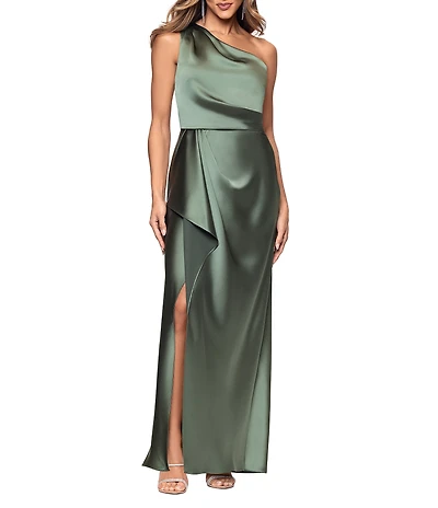 Xscape Satin Blouson Side Draping One Shoulder Sleeveless Gown