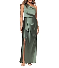 Xscape Satin Blouson Side Draping One Shoulder Sleeveless Gown