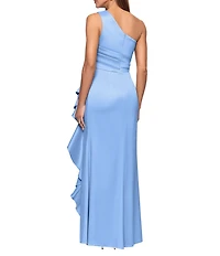 Xscape One Shoulder Sheath Side Ruffle Long Dress