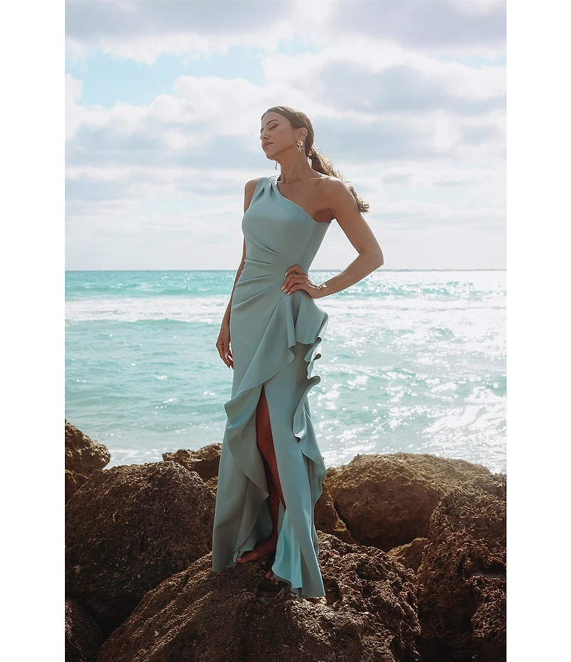 Xscape One Shoulder Side Ruffle Scuba Crepe Gown