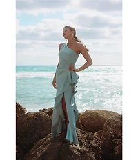 Xscape One Shoulder Side Ruffle Scuba Crepe Gown