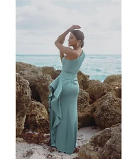 Xscape One Shoulder Side Ruffle Scuba Crepe Gown