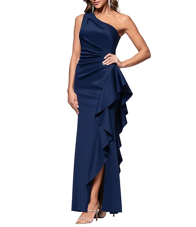 Xscape One Shoulder Side Ruffle Scuba Crepe Gown