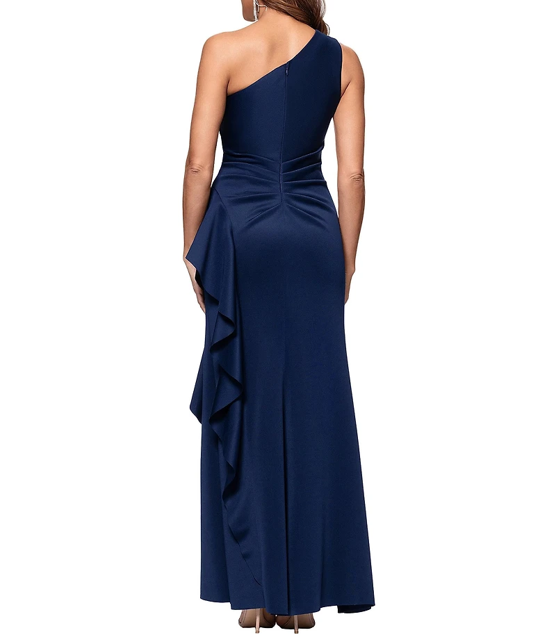 Xscape One Shoulder Side Ruffle Scuba Crepe Gown
