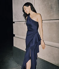 Xscape One Shoulder Side Ruffle Scuba Crepe Gown