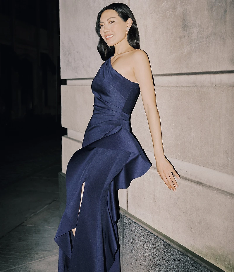 Xscape One Shoulder Side Ruffle Scuba Crepe Gown