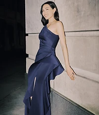 Xscape One Shoulder Side Ruffle Scuba Crepe Gown