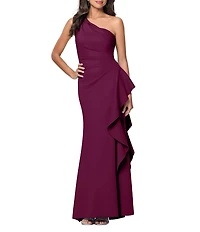 Xscape One Shoulder Side Ruffle Scuba Crepe Gown