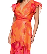 Xscape Organza Floral Print V-Neck Short Sleeve Ruffle A-Line Midi Dress