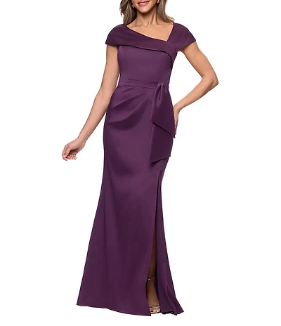 Xscape Petite Asymmetrical Neck Cap Sleeve Long Stretch Mikado Sheath Dress