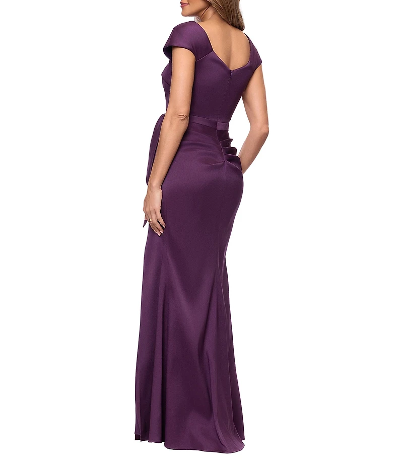 Xscape Petite Asymmetrical Neck Cap Sleeve Long Stretch Mikado Sheath Dress