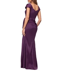 Xscape Petite Asymmetrical Neck Cap Sleeve Long Stretch Mikado Sheath Dress