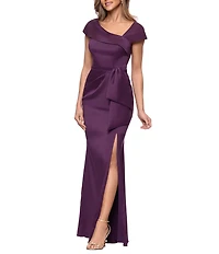 Xscape Petite Asymmetrical Neck Cap Sleeve Long Stretch Mikado Sheath Dress