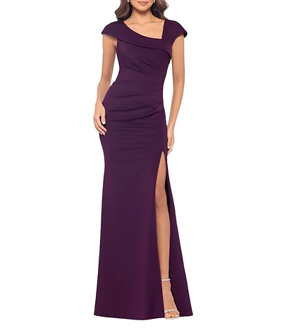 Xscape Petite Size Asymmetrical Neck Short Sleeve Sheath Gown