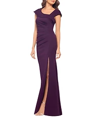 Xscape Petite Size Asymmetrical Neck Short Sleeve Sheath Gown