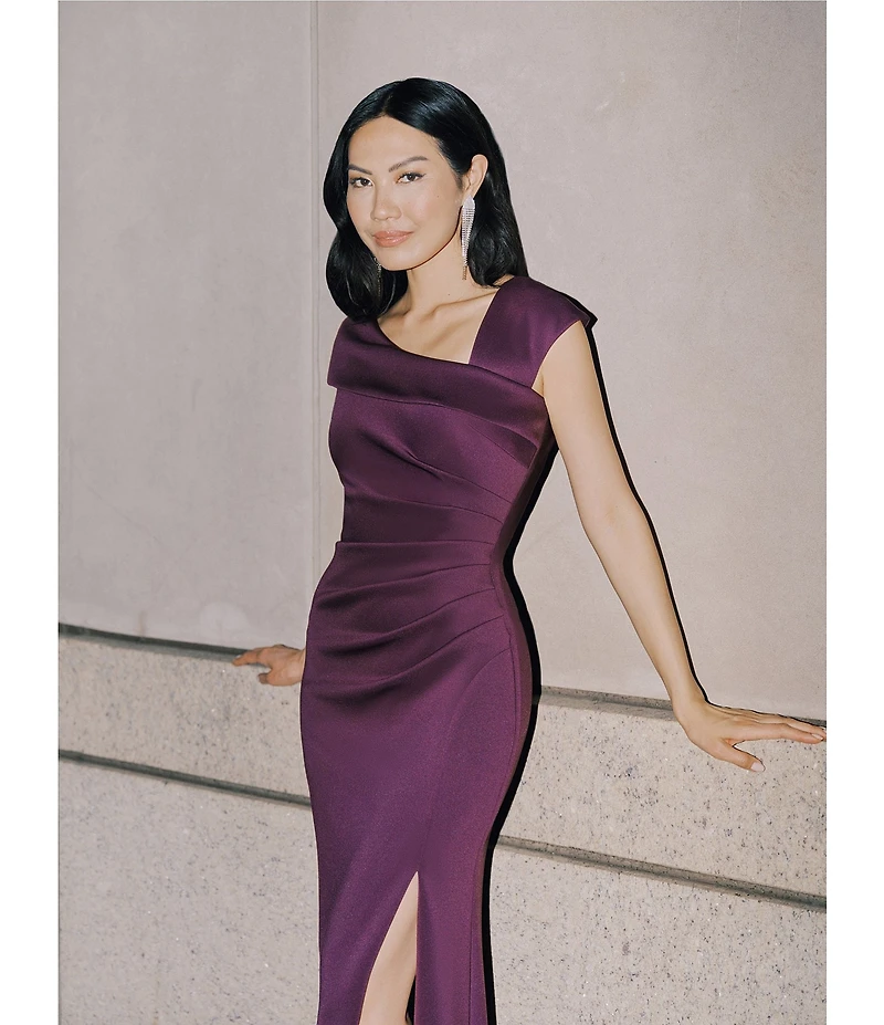 Xscape Petite Size Asymmetrical Neck Short Sleeve Sheath Gown