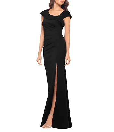 Xscape Petite Size Asymmetrical Neck Cap Sleeve Sheath Gown