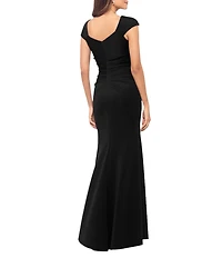 Xscape Petite Size Asymmetrical Neck Short Sleeve Sheath Gown