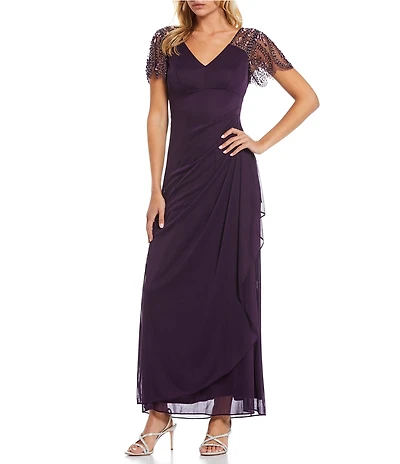 Xscape Petite Size Beaded Flutter Sleeve Long Dress
