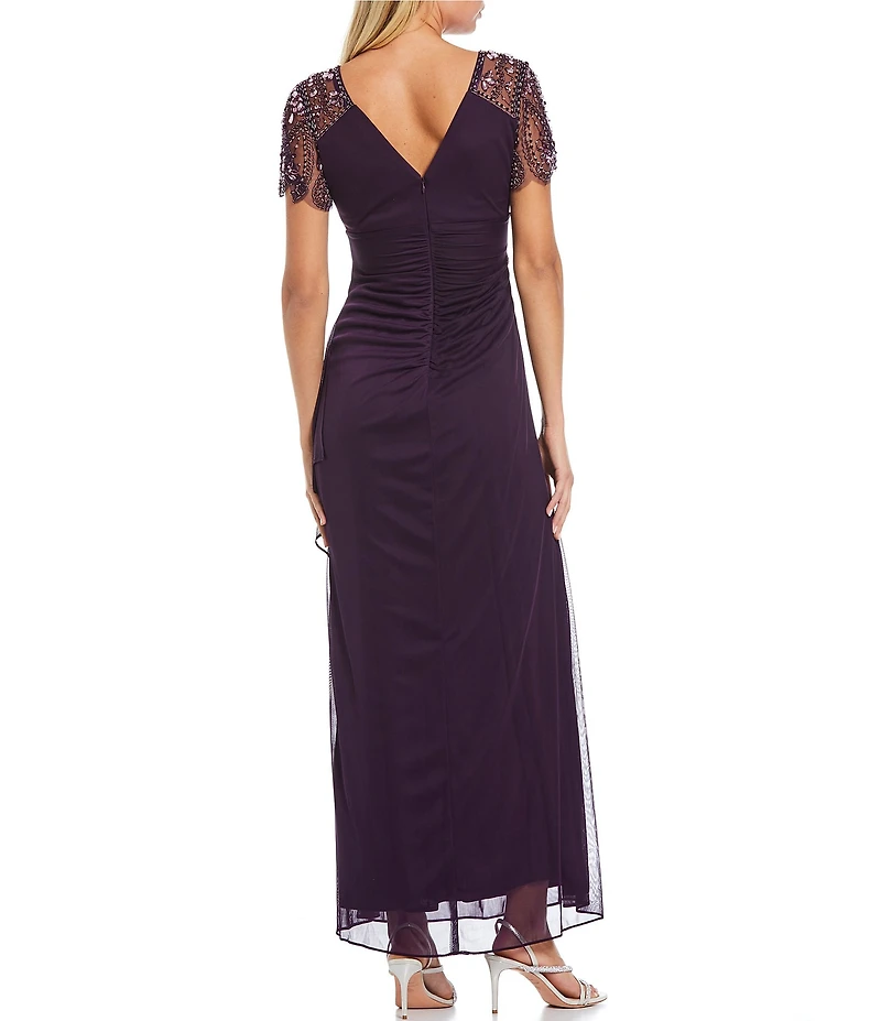 Xscape Petite Size Beaded Flutter Sleeve Long Dress