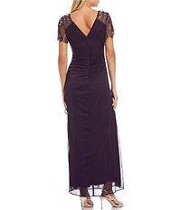 Xscape Petite Size Beaded Flutter Sleeve Long Dress
