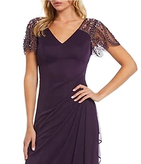 Xscape Petite Size Beaded Flutter Sleeve Long Dress