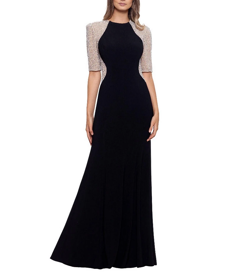 Xscape Petite Size Beaded Mesh Short Sleeve Sheath Gown